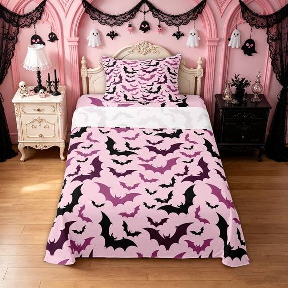 Feelyou Spooky Pink Bat Twin Sheets, Happy Halloween Animal Bedding, 3-Piece, 1 Flat Sheet, 1 Fitted Sheet and 1 Pillowcase