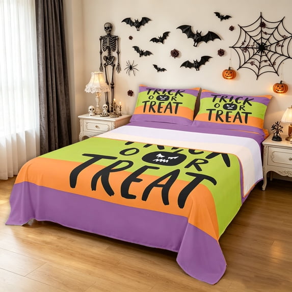 Feelyou Spooky Pumpkin Bed Sheets, Cute Trick Or Treat Full Size Sheets, Orange Purple Lime, 4-Piece, 1 Flat Sheet, 1 Fitted Sheet and 2 Pillowcases