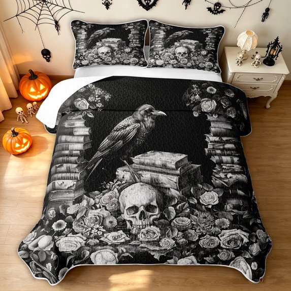 Feelyou Spooky Raven Book Twin Quilt Set, Hippie Skull Rose Twin Coverlet Set, Black White, 2pcs, 1 Comforter and 1 Pillowcase