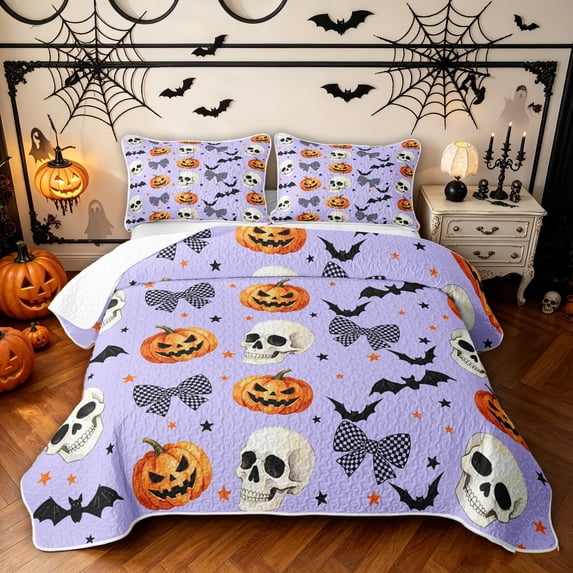 Feelyou Spooky Skeleton Bat Quilt King, Cute Bowknot King Coverlet Set, Lavender, 3-Piece, 1 Comforter and 2 Pillowcases