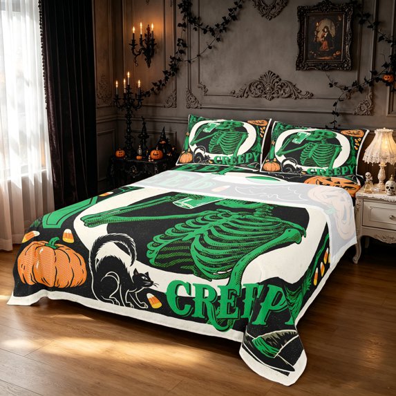 Feelyou Spooky Skeleton Skull Queen Sheets, Horror Pumpkin Bat Queen Sheet Sets, Black Green, 4pcs, 1 Flat Sheet, 1 Fitted Sheet and 2 Pillowcases