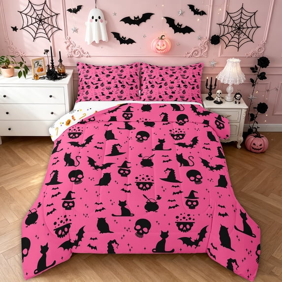 Feelyou Spooky Skull Full Size Comforter Sets, Cartoon Black Cat Bedding Comforter Set, Hot Pink, Halloween Reversible, 3pcs, 1 Comforter and 2 Pillowcases