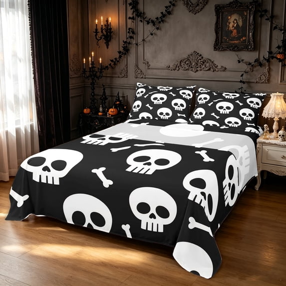 Feelyou Spooky Skull King Sheets, Cartoon Halloween Skeleton Bedding, Black White, 4 Pieces, 1 Flat Sheet, 1 Fitted Sheet and 2 Pillowcases