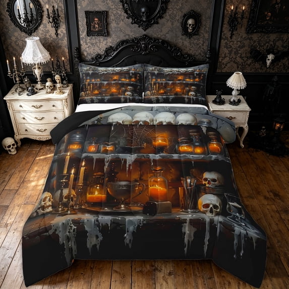 Feelyou Spooky Skull Queen Comforter Set, Halloween Magical Bottle Comforter Sets Queen, Black Reversible, 3pcs, 1 Comforter and 2 Pillowcases