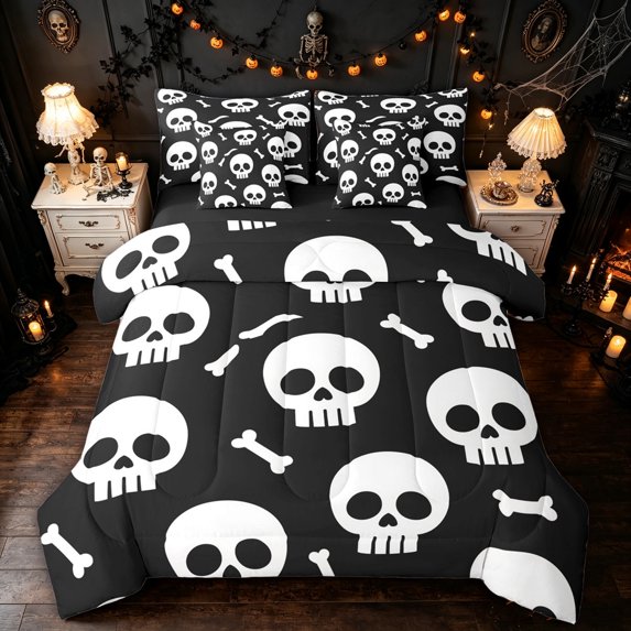 Feelyou Spooky Skull Twin Bedding, Cartoon Halloween Skeleton Bedding Comforter Set, Black White, Black Reversible, 7 Pieces