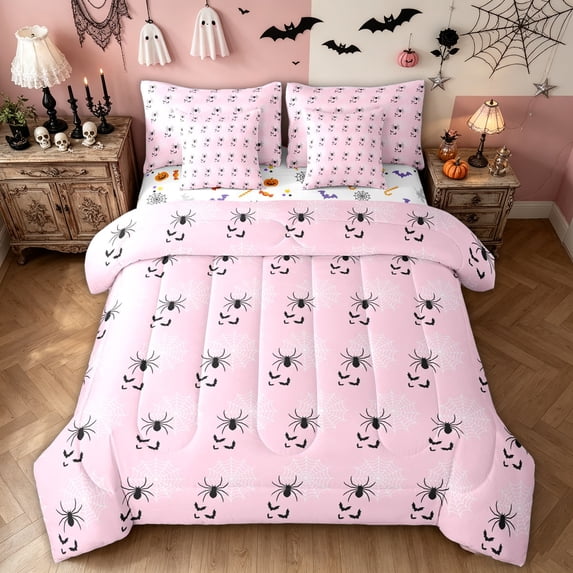 Feelyou Spooky Spider Twin Bedding, Cartoon Bat Bedding Comforter Set, Pink, Halloween Reversible, 7pcs