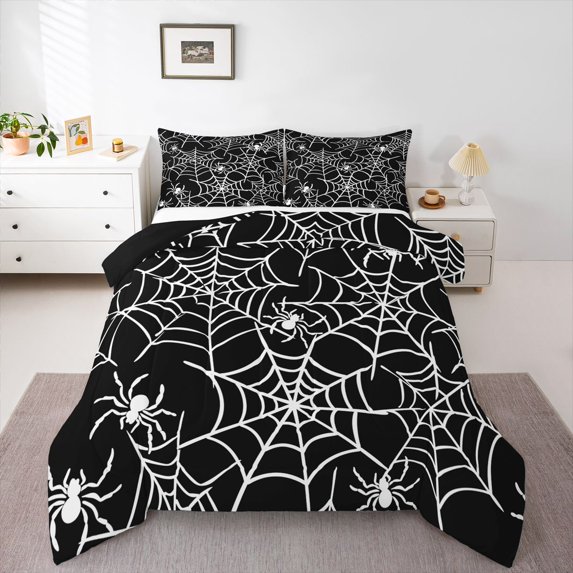 Feelyou Spooky Spider Web Full Size Comforter Sets, Halloween Animal Bedding Comforter Set, Black White, Black Reversible, 3-Piece, 1 Comforter and 2 Pillowcases