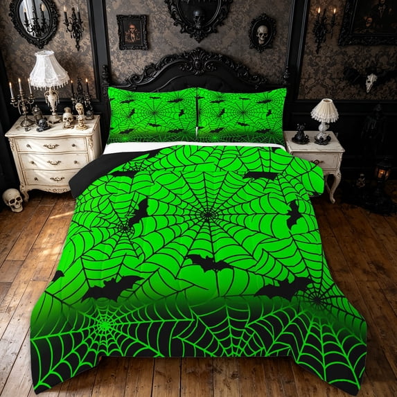 Feelyou Spooky Spider Web Full Size Comforter Sets, Halloween Bat Bedding Comforter Set, Green Black, Black Reversible, 3pcs, 1 Comforter and 2 Pillowcases