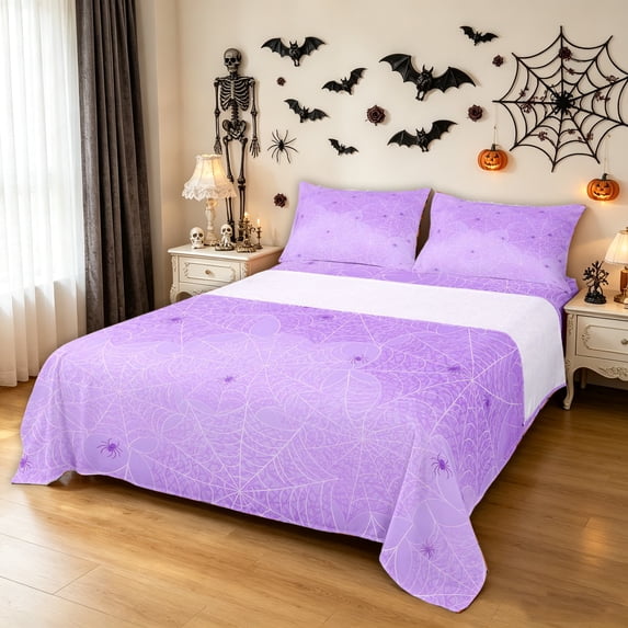 Feelyou Spooky Spider Web King Sheets, Cute Lavender Halloween Spider Bedding, 4pcs, 1 Flat Sheet, 1 Fitted Sheet and 2 Pillowcases