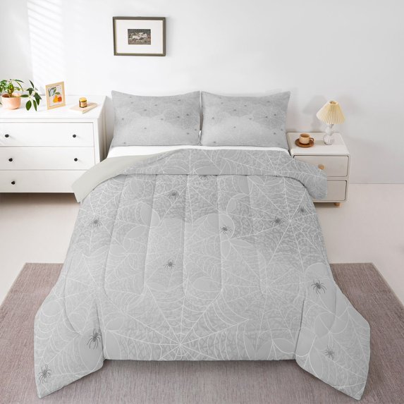 Feelyou Spooky Spider Web Queen Comforter Set, Cute Silver Halloween Spider Comforter Sets Queen, Gray Reversible, 3pcs, 1 Comforter and 2 Pillowcases