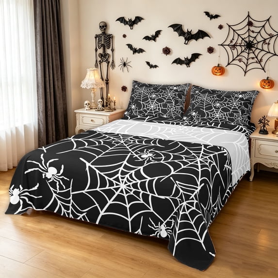 Feelyou Spooky Spider Web Queen Sheets, Halloween Animal Queen Sheet Sets, Black White, 4-Piece, 1 Flat Sheet, 1 Fitted Sheet and 2 Pillowcases