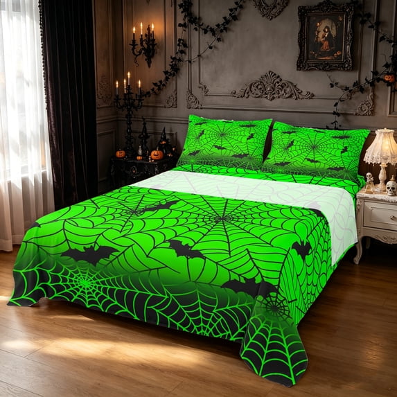 Feelyou Spooky Spider Web Queen Sheets, Halloween Bat Queen Sheet Sets, Green Black, 4pcs, 1 Flat Sheet, 1 Fitted Sheet and 2 Pillowcases