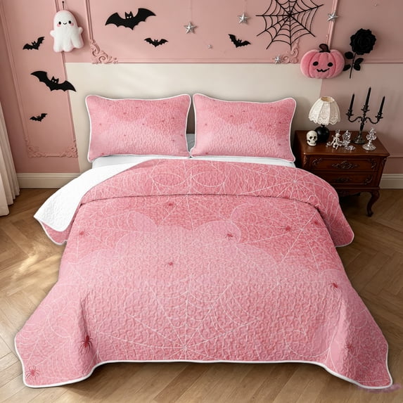 Feelyou Spooky Spider Web Quilt King, Cute Pink Halloween Spider King Coverlet Set, 3pcs, 1 Comforter and 2 Pillowcases