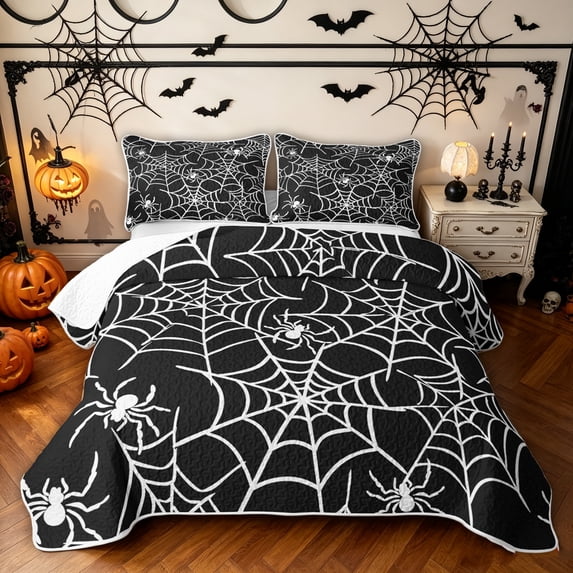 Feelyou Spooky Spider Web Twin Quilt Set, Halloween Animal Twin Coverlet Set, Black White, 2-Piece, 1 Comforter and 1 Pillowcase