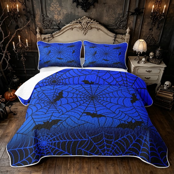 Feelyou Spooky Spider Web Twin Quilt Set, Halloween Bat Twin Coverlet Set, Blue Black, 2 Pieces, 1 Comforter and 1 Pillowcase