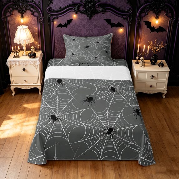 Feelyou Spooky Spider Web Twin Sheets, Cartoon Spider Bedding, Gray White, 3-Piece, 1 Flat Sheet, 1 Fitted Sheet and 1 Pillowcase