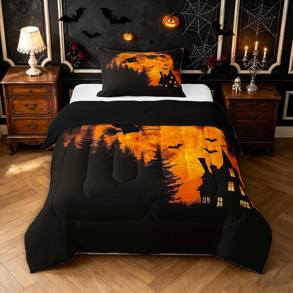 Feelyou Spooky Witch Twin Comforter Sets, Happy Halloween Gothic Castle Bedding Set, Black Reversible, 2-Piece, 1 Comforter and 2 Pillowcases