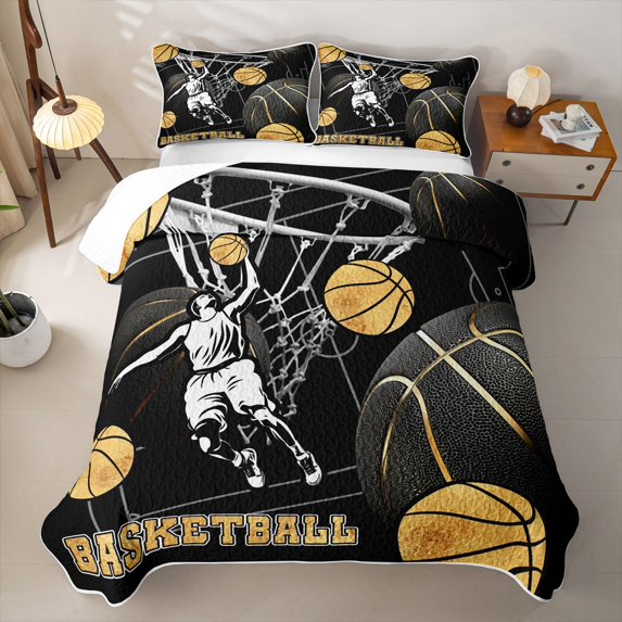 Feelyou Sport Basketball Twin Quilt Set for Boys, Black Gold Print Twin Coverlet Set, 2pcs