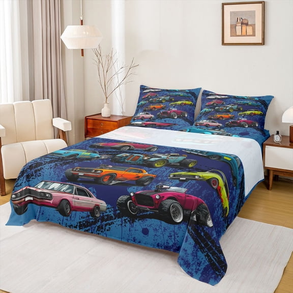 Feelyou Sport Car Boys Twin Sheet Sets, Cartoon Rustic Truck Bedding, 3 Pieces