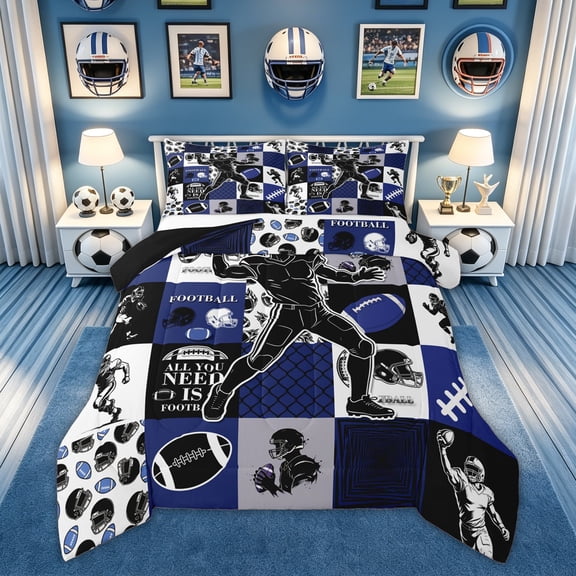 Feelyou Sport Football Queen Comforter Set for Boys, Navy Grid Helmet Comforter Sets Queen, Black Reversible, 3 Pieces, 1 Comforter and 2 Pillowcases