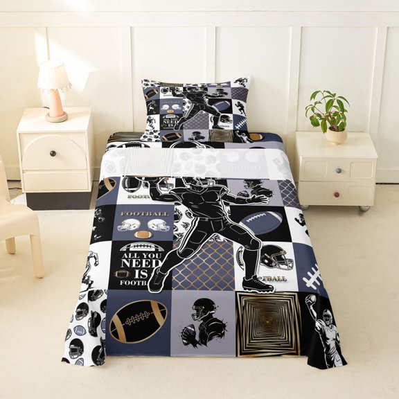 Feelyou Sport Football Twin Sheets for Boys, Patchwork Grid Helmet Bedding, Grey, 3pcs, 1 Flat Sheet, 1 Fitted Sheet and 1 Pillowcase