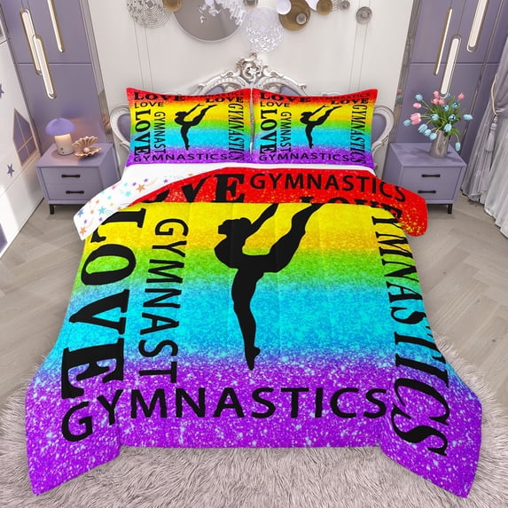 Feelyou Sport Gymnastics Lover Queen Comforter Set, Glitter Rainbow Bedding Sets, Colorful Stripes Lines Reversible Bedding Comforter Set, Ultra Soft Bedroom Decor, 3-Piece