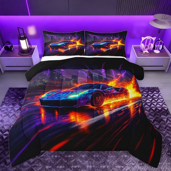 Feelyou Sport Race Car Bedding Comforter Set for Boy, Lightning Racing Car Twin Comforter Sets, Futuristic Automobile Reversible Bedding Set, Breathable Home Decor, 2pcs