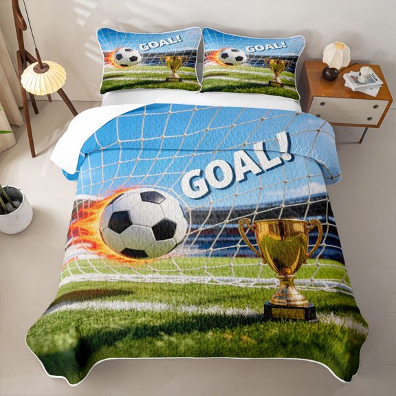 Feelyou Sport Soccer Bed Spread Queen for Boys, Trophy Goal Queen Coverlet Set, Green Blue, 3pcs
