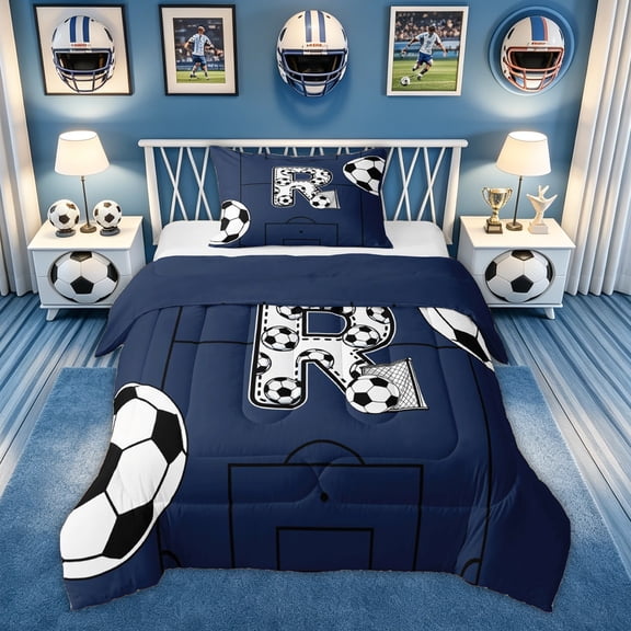 Feelyou Sport Soccer Letter R Twin Comforter Sets for Boys, Blue Stripe Abstract Bedding Set, Blue Reversible, 2-Piece, 1 Comforter and 1 Pillowcase