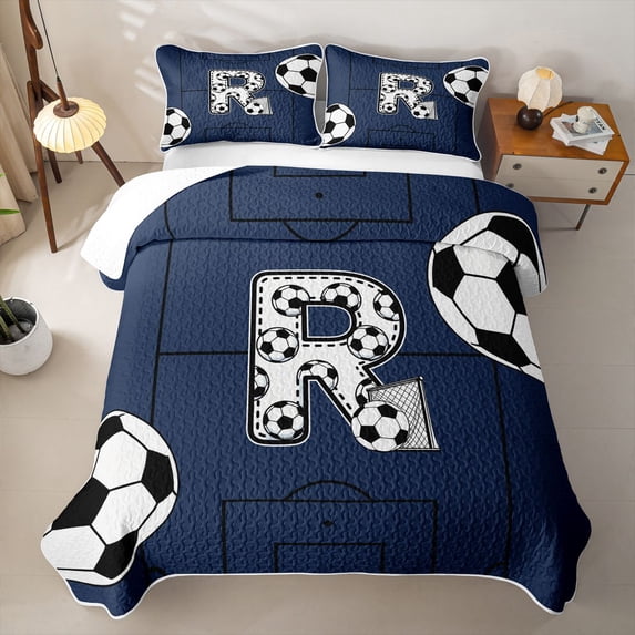 Feelyou Sport Soccer Letter R Twin Quilt Set for Boys, Blue Stripe Abstract Twin Coverlet Set, 2-Piece