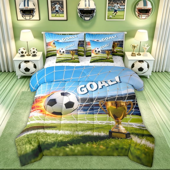 Feelyou Sport Soccer Queen Bedding for Boys, Trophy Goal Bedding Comforter Set Queen, Green Blue, Reversible, 7pcs
