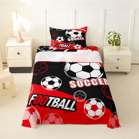 Feelyou Sport Soccer Twin Sheets for Boys, Black Red Ball Print Bedding, 3pcs, 1 Flat Sheet, 1 Fitted Sheet and 1 Pillowcase
