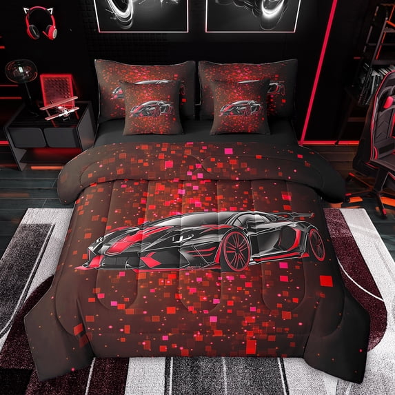 Feelyou Sports Car Lover Bedding Comforter Set 7 Pieces for Boy, Red Honeycomb Abstract Full Bedding Set, Racing Car Theme Reversible Fitted Sheet Flat Sheet, Super Cozy Room Decor
