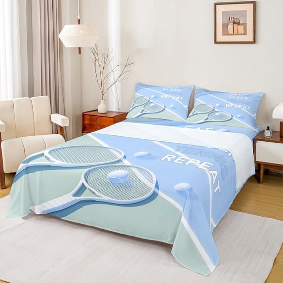 Feelyou Sports Lover Teens Bed Sheets, Eat Sleep Tennis Repeat King Sheets, Kawaii Blue Cartoon Sheet Set, Lightweight Room Decor, 4pcs