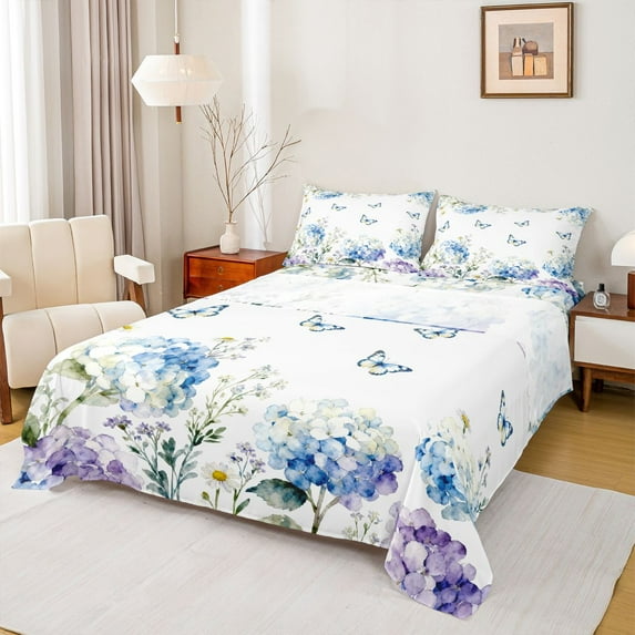 Feelyou Spring Blue Flower Bed Sheets, Butterfly Animal King Sheets, 4 Pieces