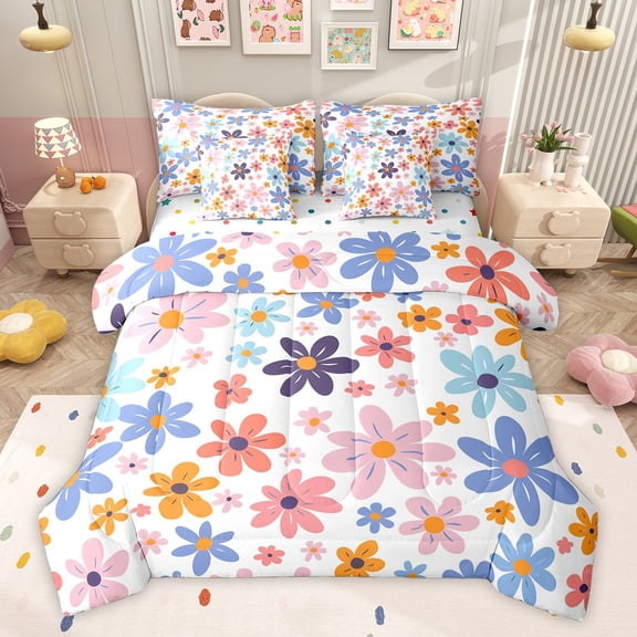 Feelyou Spring Floral Teens Twin Bedding Sets 7-Piece, Cartoon Blossoms Flower Bedding Comforter Set, Pink Blue Reversible Sheet Sets, Super Cozy Room Decor