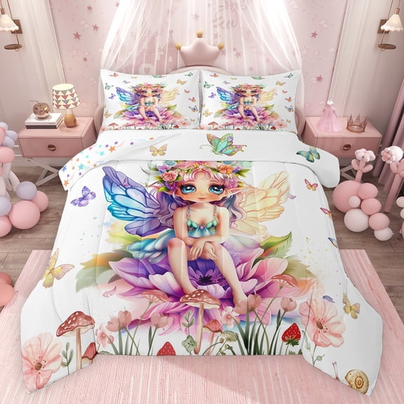 Feelyou Spring Flower Elf Bedding Comforter Set for Kids, Groovy Floral Mushroom Twin Comforter Sets, Fairy Tale Princess Reversible Bedding Set, Lightweight Room Decor, 2-Piece