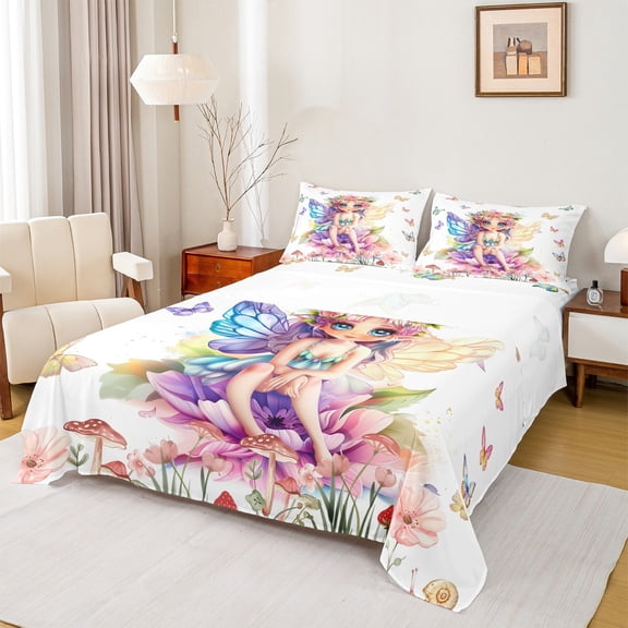 Feelyou Spring Flower Elf Twin Sheet Sets for Kids, Groovy Floral Mushroom Twin Fitted Sheet, Fairy Tale Princess Flat Sheet, Lightweight Room Decor, 3-Piece