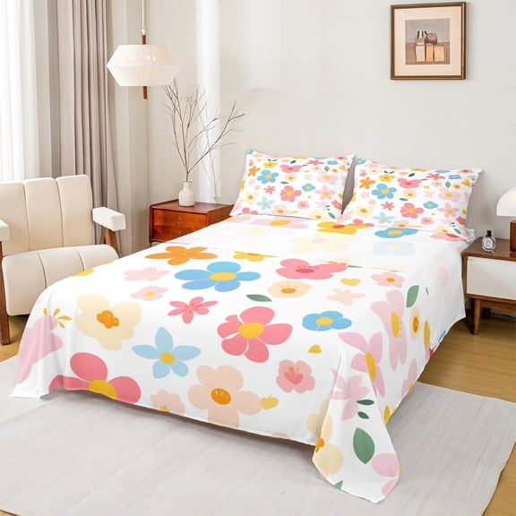 Feelyou Spring Flower Floral Bed Sheets, Cartoon Cherry Blossoms King Sheets, Leaf Botanical Plant Sheet Set, Lightweight Room Decor, 4 Pieces