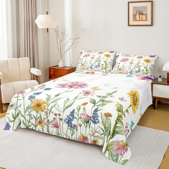 Feelyou Spring Flower Floral Bed Sheets, Fairy Tale Elf King Sheets, Cute Cartoon Butterfly Sheet Set, Ultra Soft Bedroom Decor, 4pcs