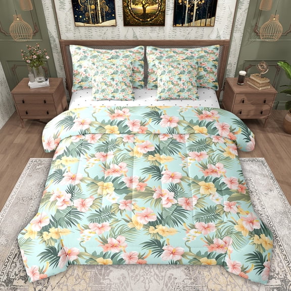 Feelyou Spring Flower Floral Bedding Comforter Set 7pcs, Palm Leaf Botanical King Bedding Sets, Teens Kids Girls Women Reversible Bed Sheets, Ultra Soft Bedroom Decor