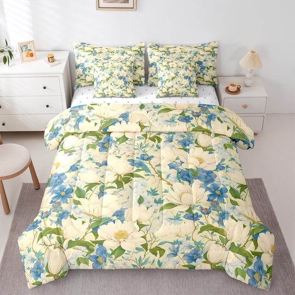 Feelyou Spring Flower Floral Bedding Comforter Set 7pcs, Retro Plant Botanical King Bedding Sets, Teens Girl Women Reversible Bed Sheets, Microfiber Bedroom Decor