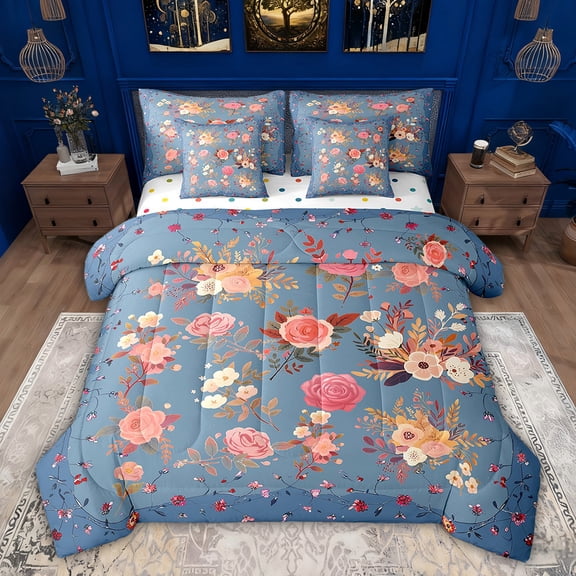Feelyou Spring Flower Floral Bedding Comforter Set 7pcs, Rustic Farmhouse Queen Bedding Sets, Old Fashion Style Reversible Queen Sheet Sets, Luxury Bedroom Decor