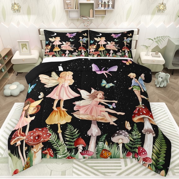 Feelyou Spring Flower Floral Bedding Comforter Set, Fairy Tale Elf Butterfly Twin Comforter Sets, Glitter Galaxy Reversible Bedding Set, Lightweight Room Decor, 2 Pieces