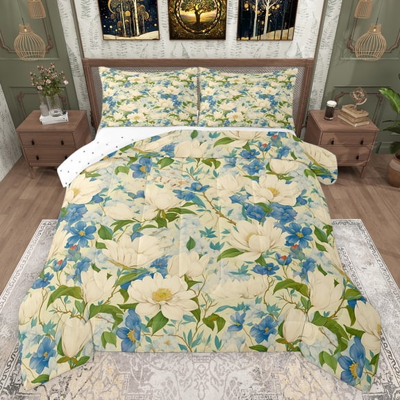 Feelyou Spring Flower Floral Bedding Comforter Set, Retro Plant Botanical Twin Comforter Sets, Teens Girl Women Reversible Bedding Set, Microfiber Bedroom Decor, 2-Piece
