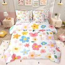 Feelyou Spring Flower Floral Twin Bedding Sets 7-Piece, Cartoon Cherry Blossoms Bedding Comforter Set, Leaf Botanical Plant Reversible Sheet Sets, Lightweight Room Decor