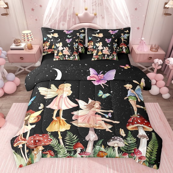 Feelyou Spring Flower Floral Twin Bedding Sets 7-Piece, Fairy Tale Elf Butterfly Bedding Comforter Set, Glitter Galaxy Reversible Sheet Sets, Lightweight Room Decor