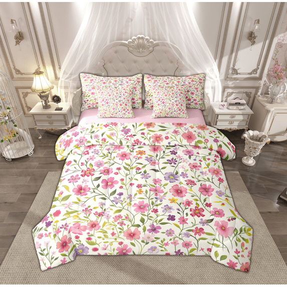 Feelyou Spring Garden Floral Twin Bedding Sets 7-Piece, Farmhouse Flower Bedding Comforter Set, Vintage French Style Reversible Sheet Sets, Luxury Bedroom Decor