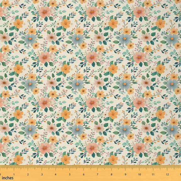 Feelyou Spring Garden Flower Fabric by the Yard 2 Yards for Girl, Vintage Fashion Room Decor Fabric by the Yard, Green Orange Fabric for Sewing, Lightweight Room Decor