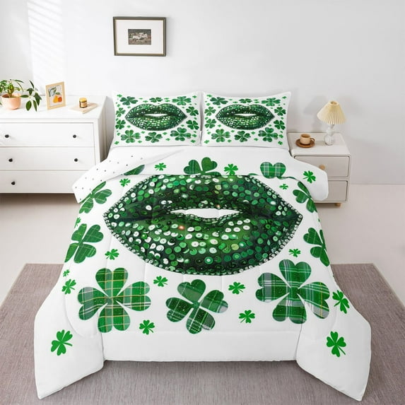 Feelyou Spring Lucky Shamrock Full Size Comforter Sets, Green Lips Bedding Sets, 3pcs